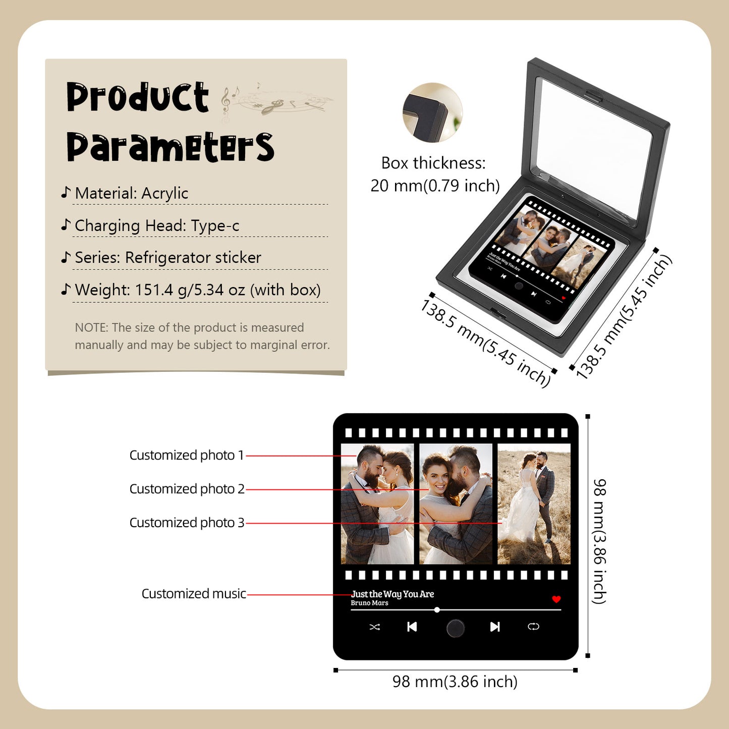 Promotional image showing a clear acrylic box containing a music player-like device featuring three wedding photos. Product specifications are listed on the left.