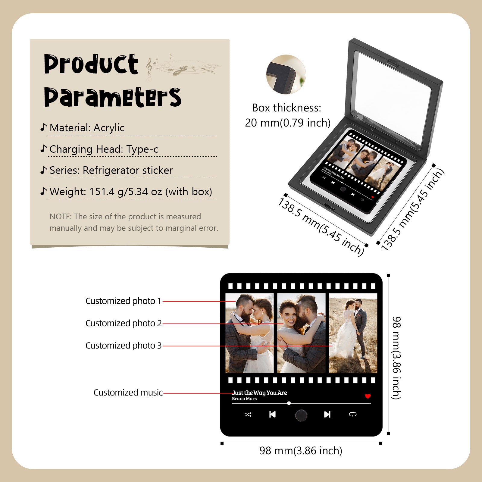 Promotional image showing a clear acrylic box containing a music player-like device featuring three wedding photos. Product specifications are listed on the left.