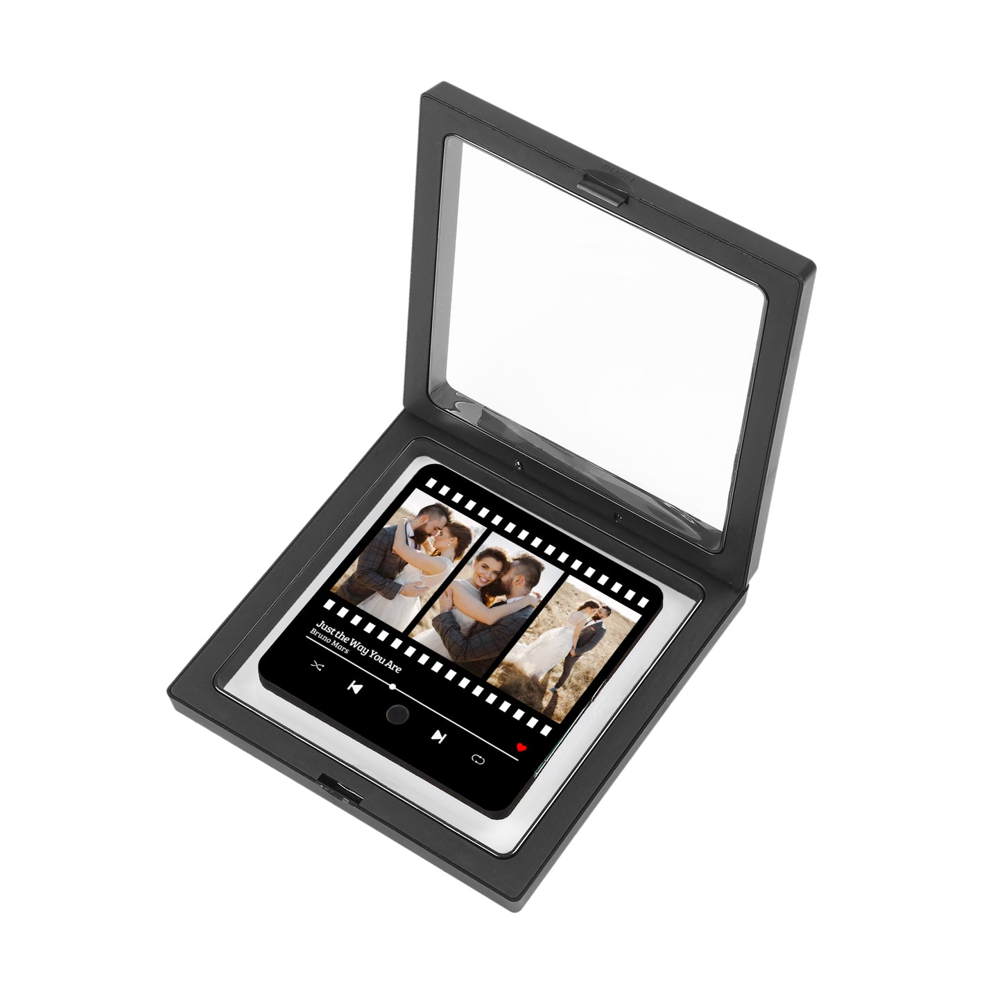 Black and white photo box featuring a music player interface displaying wedding photos.