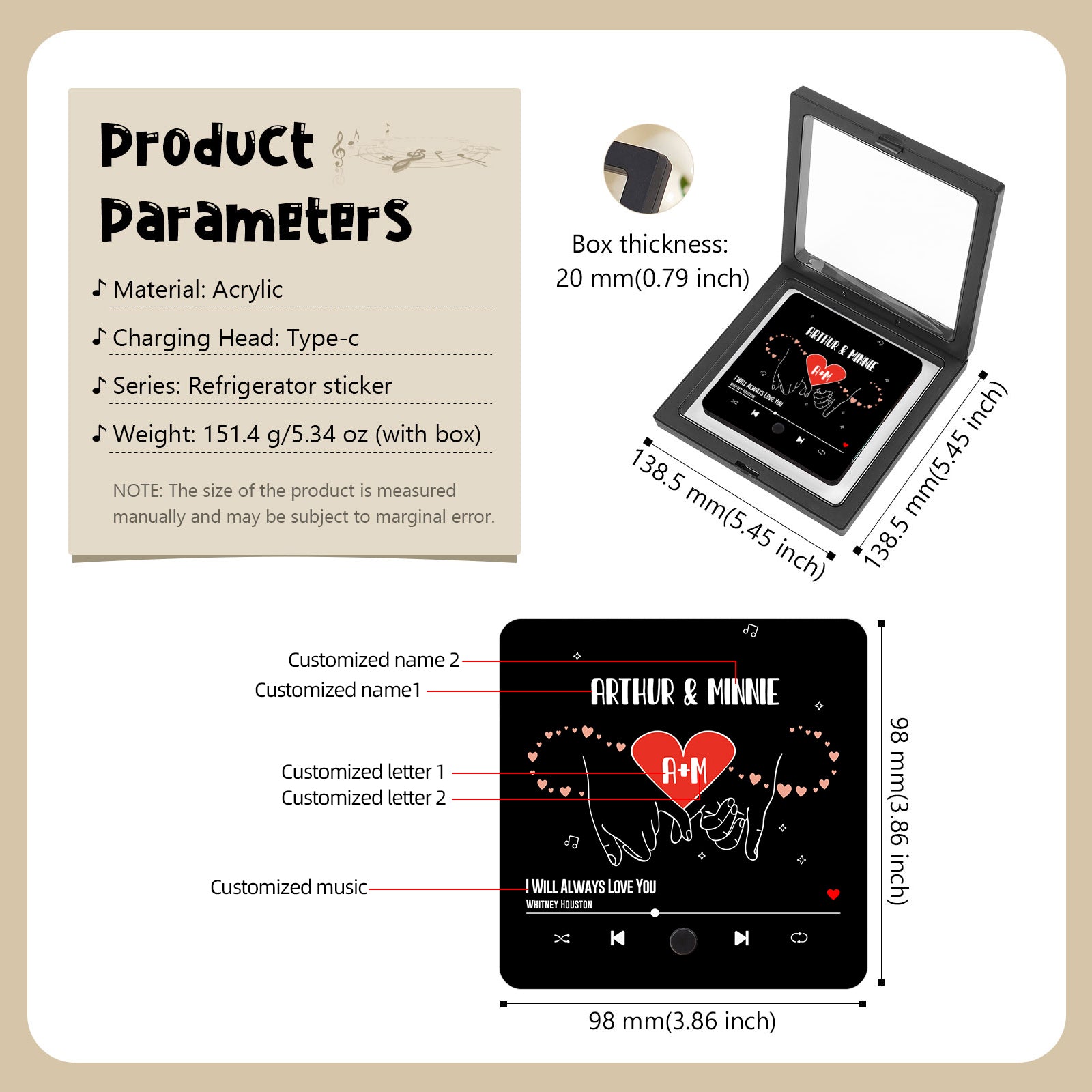 Product image showing a customizable acrylic music box in a shadow box frame. The design includes customizable names, letters, and song selection, with dimensions and material details.