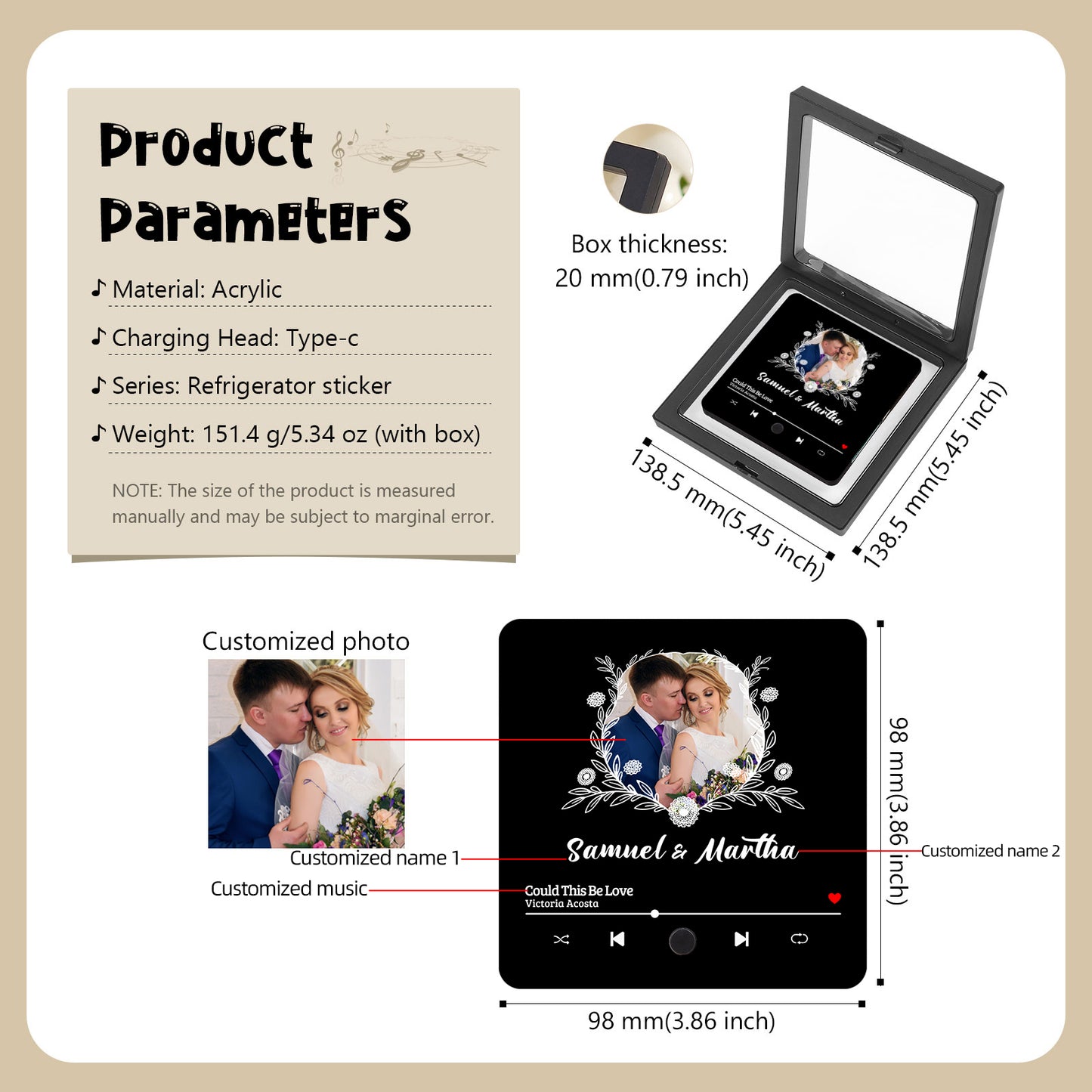 Product image of an acrylic refrigerator sticker in a clear box with product parameters, measurements, and customization options displayed. The sticker features a wedding photo and music track details.