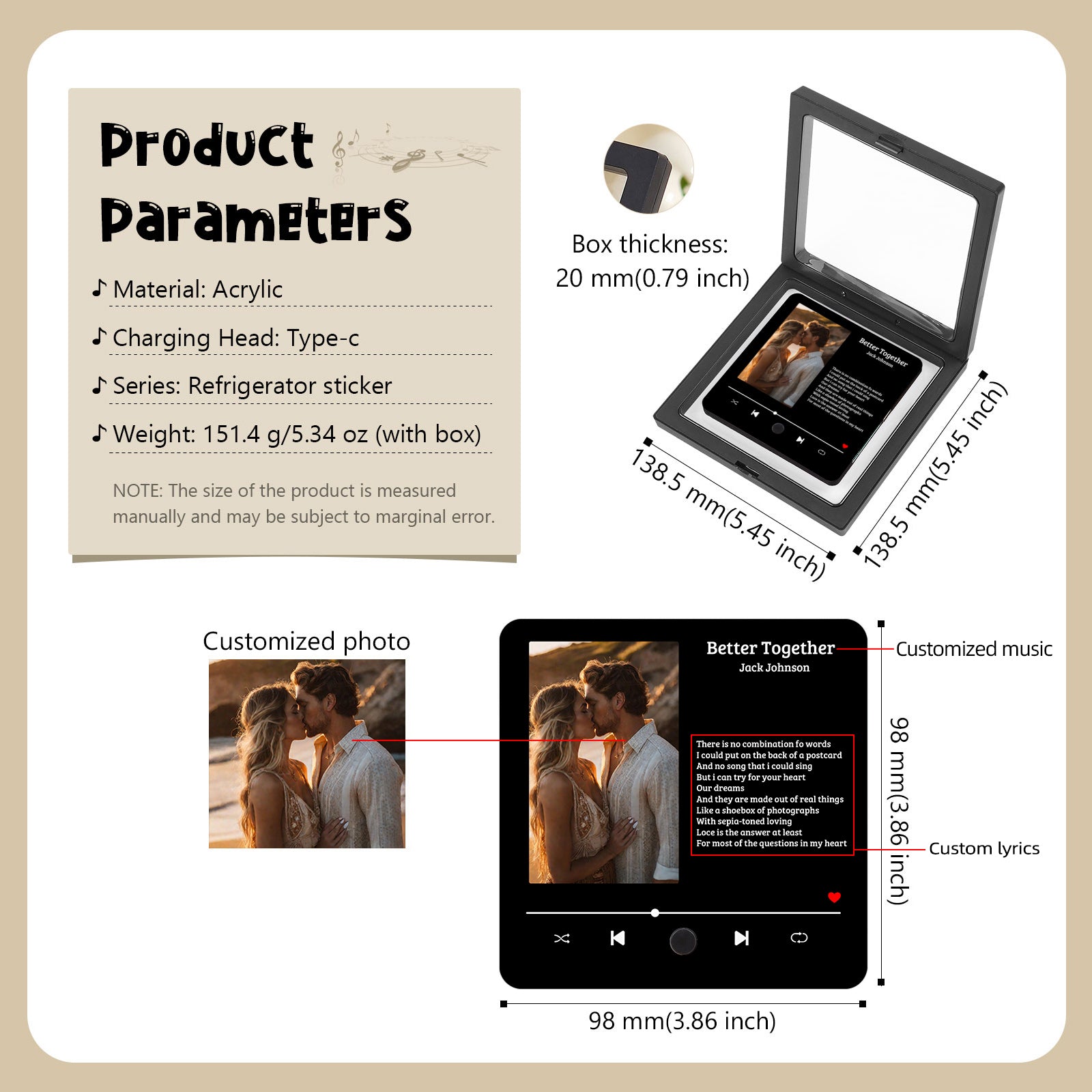 Product information display. Acrylic, type-C charging head, refrigerator sticker, weight, box thickness, dimensions, customizable photo, music, and lyrics.