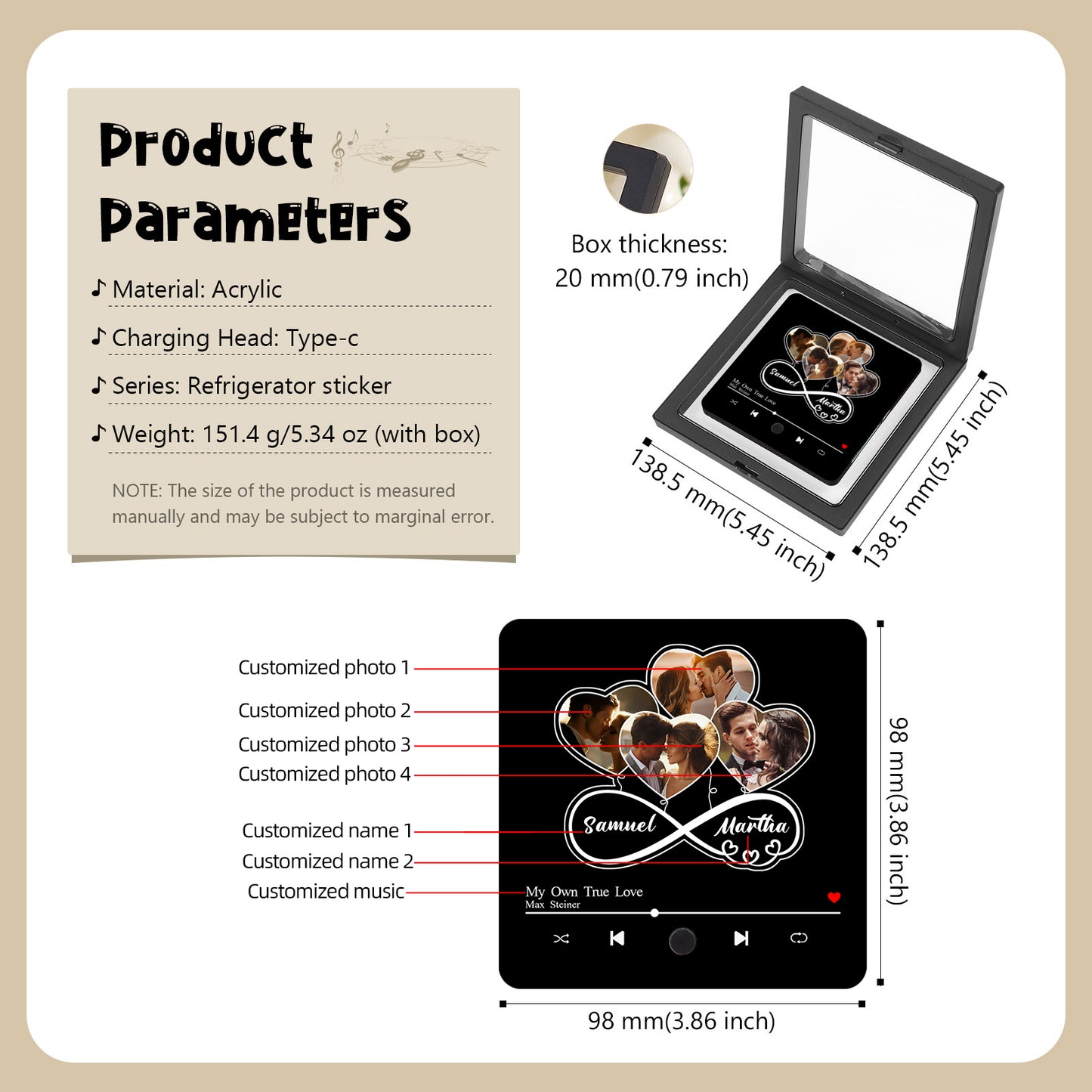 A product details image with a square acrylic frame with 4 heart-shaped photos, customized names, and music displayed in a box.