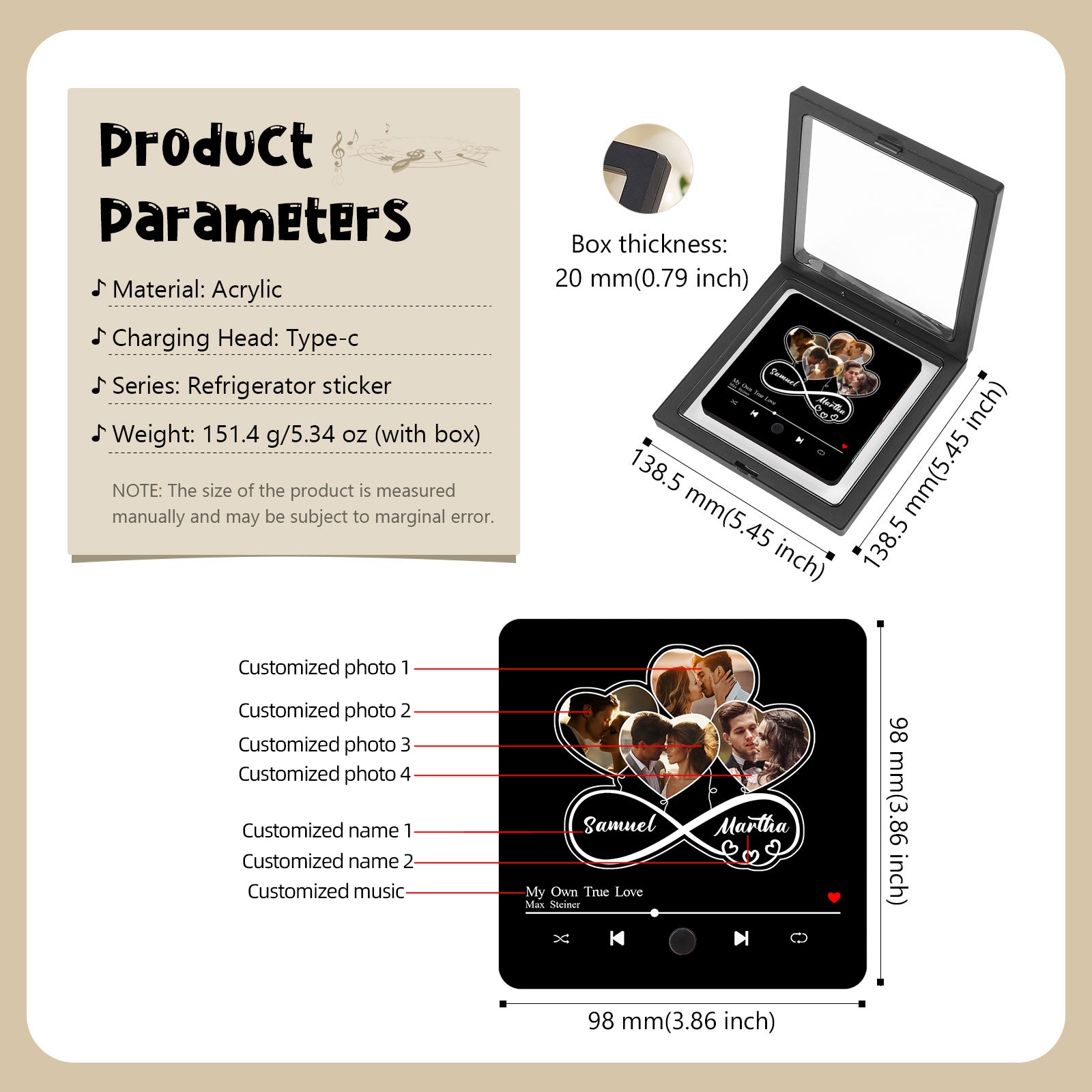 A product details image with a square acrylic frame with 4 heart-shaped photos, customized names, and music displayed in a box.