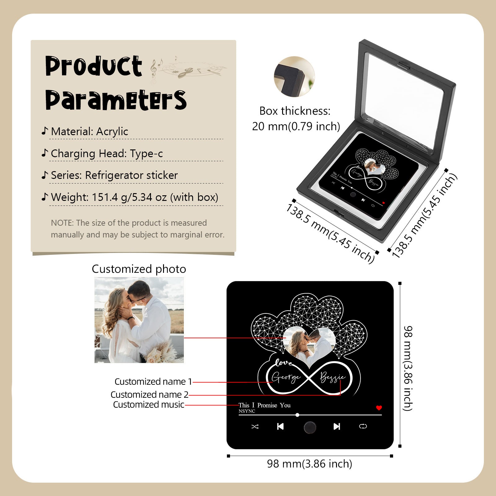 Product display with customized picture, names, and song details in a black acrylic box.