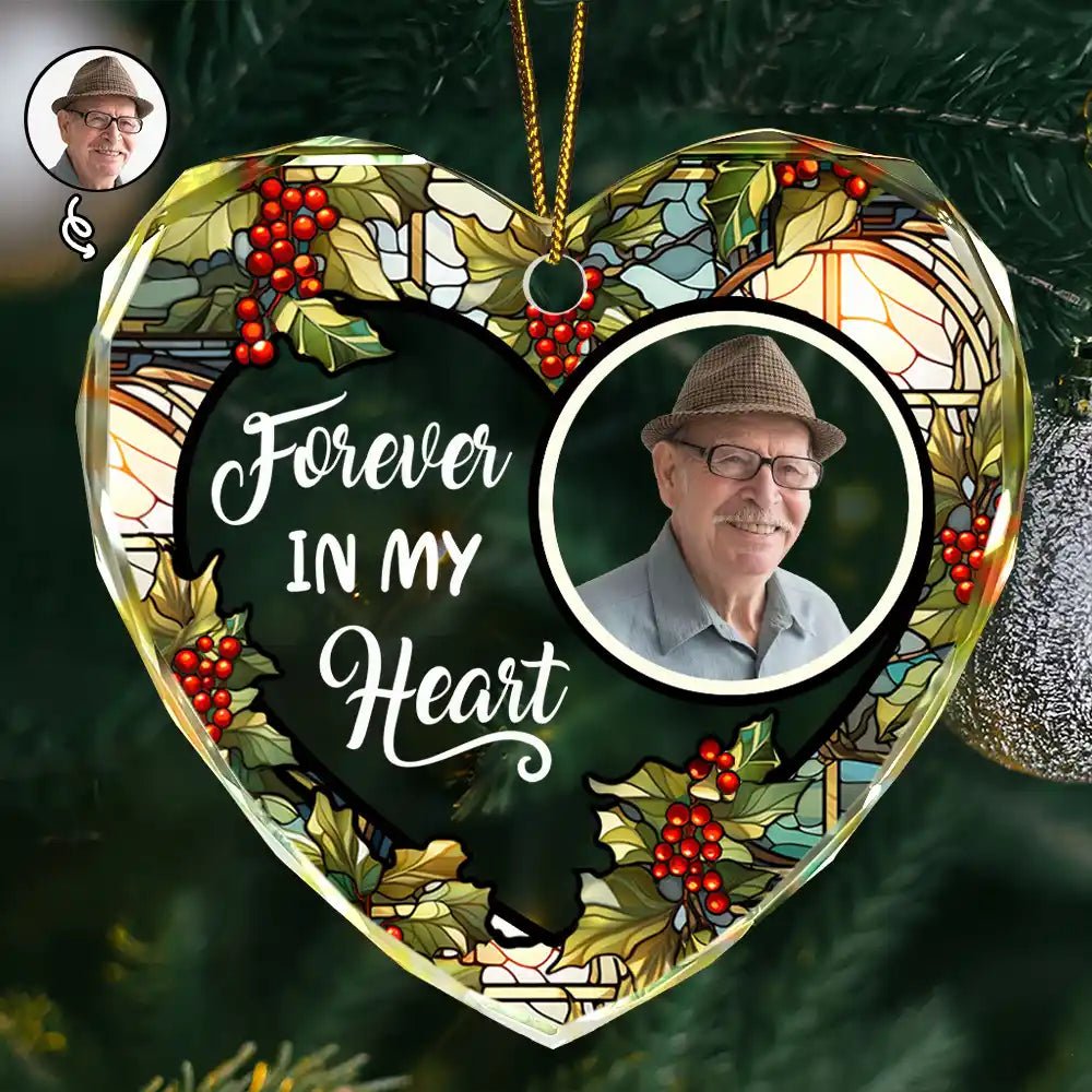 Custom Photo Floral Forever In Our Hearts - Personalized Heart Shaped Glass Ornament - JewelryLuxeUS.Shop