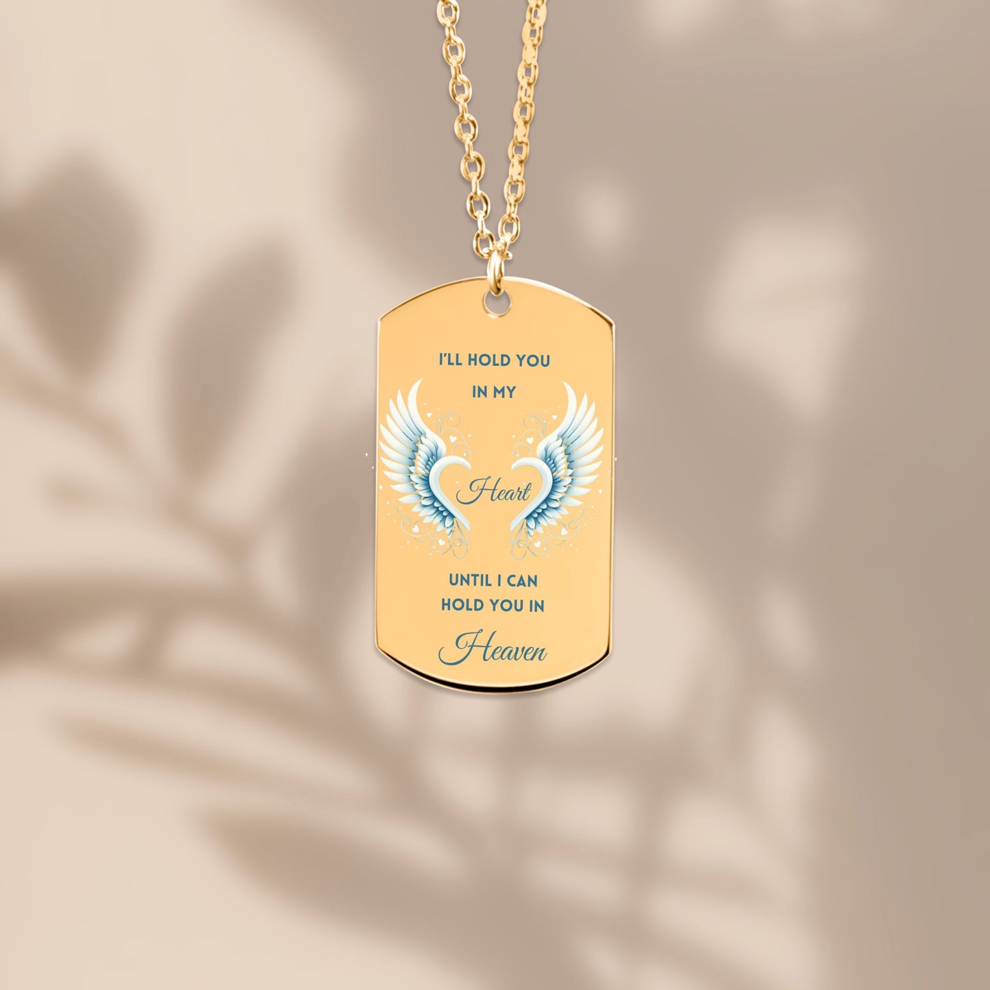 18K rose gold plated men’s tag necklace with angel wings and memorial engraving.