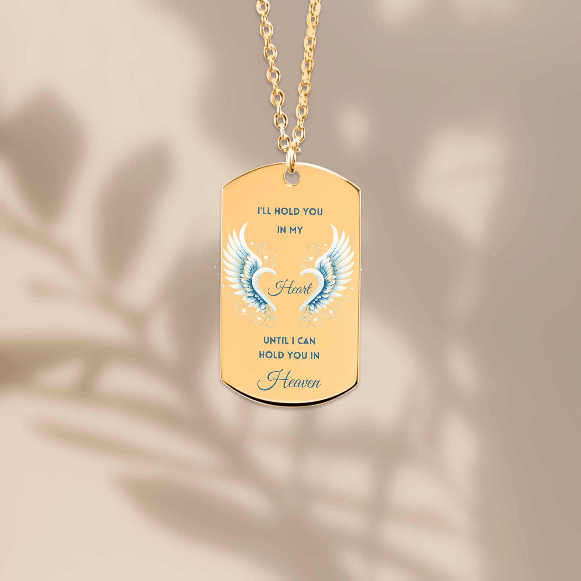 18K rose gold plated men’s tag necklace with angel wings and memorial engraving.
