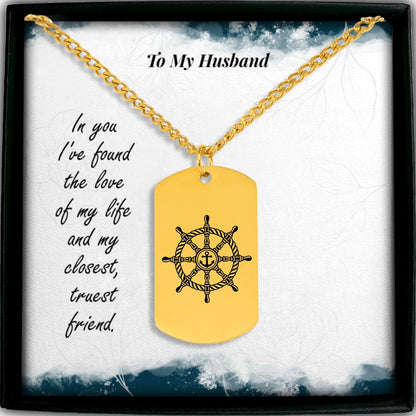 Cuban Tag Necklace with Engraved Ship Wheel, To my Husband OwnPrint