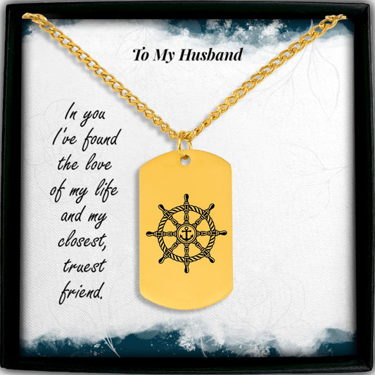 Cuban Tag Necklace with Engraved Ship Wheel, To my Husband OwnPrint