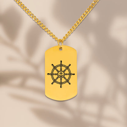 Cuban Tag Necklace with Engraved Ship Wheel, To my Husband OwnPrint