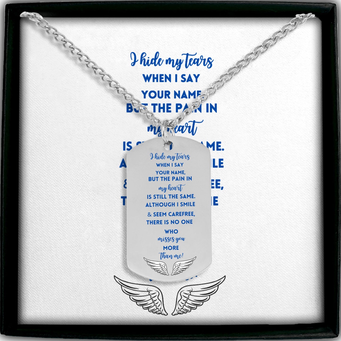Silver steel engraved memorial dog tag necklace with blue text and wing design on chain.