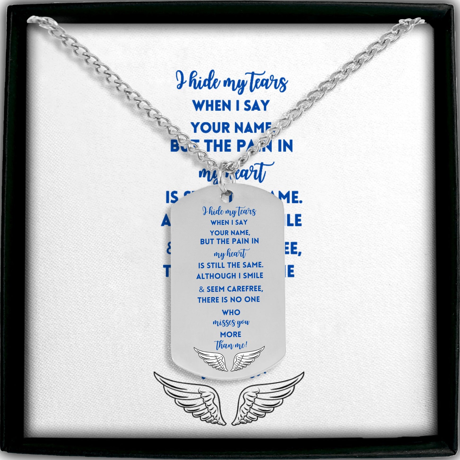 Silver steel engraved memorial dog tag necklace with blue text and wing design on chain.