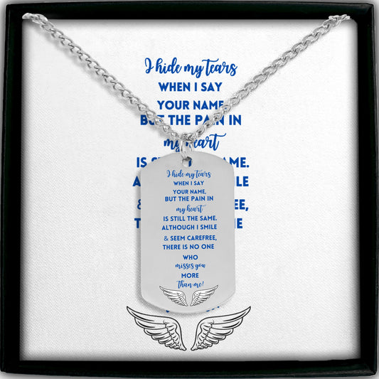 Silver steel engraved memorial dog tag necklace with blue text and wing design on chain.