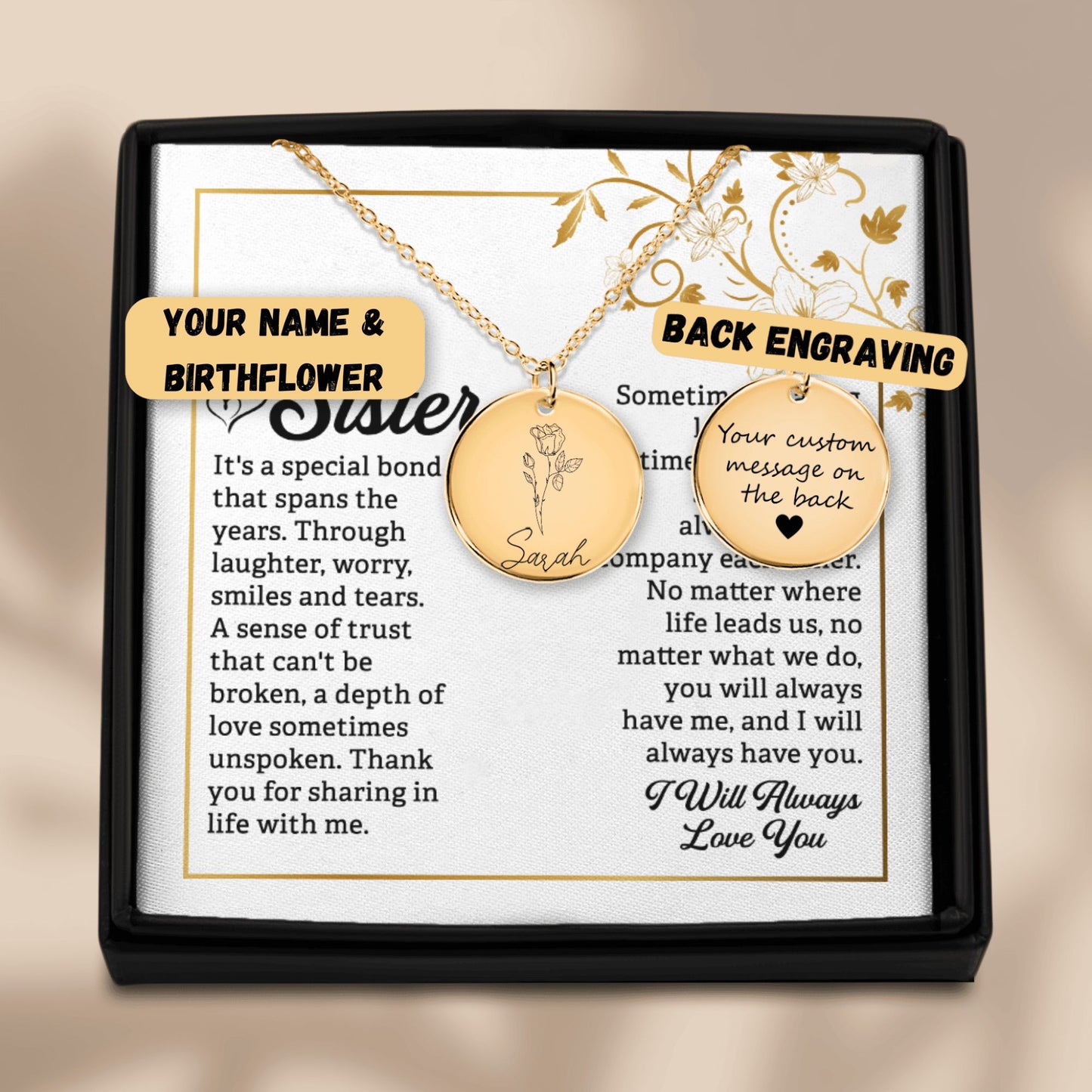 Name & Birth Flower Necklace to my Sister