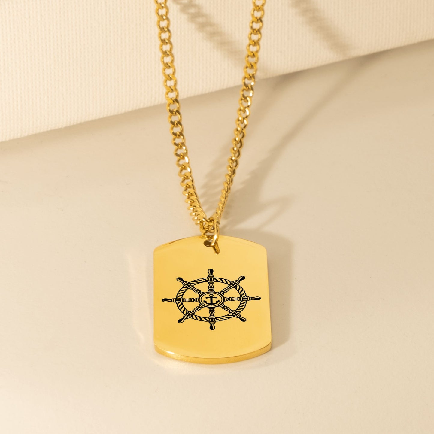 Cuban Tag Necklace with Engraved Ship Wheel, To my Husband OwnPrint