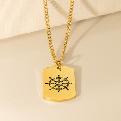 Cuban Tag Necklace with Engraved Ship Wheel, To my Husband OwnPrint