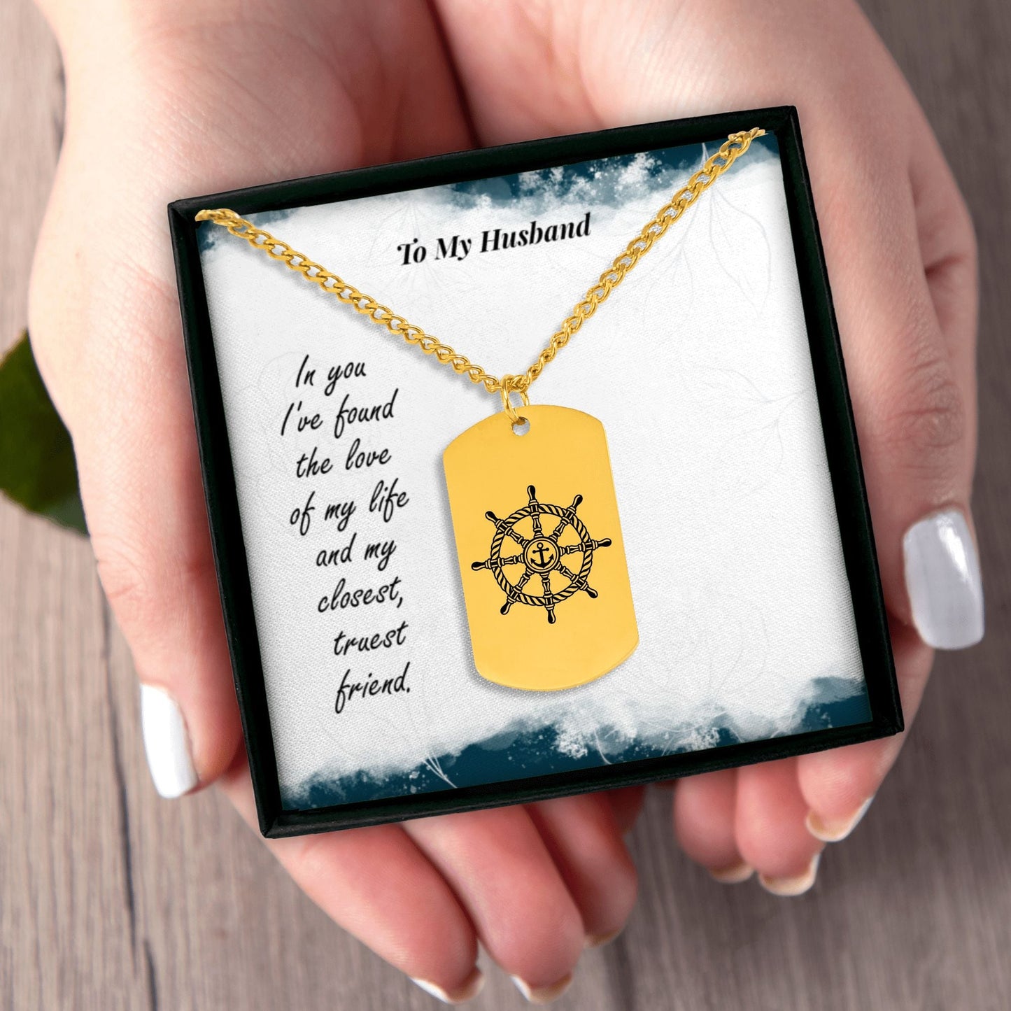 Cuban Tag Necklace with Engraved Ship Wheel, To my Husband OwnPrint