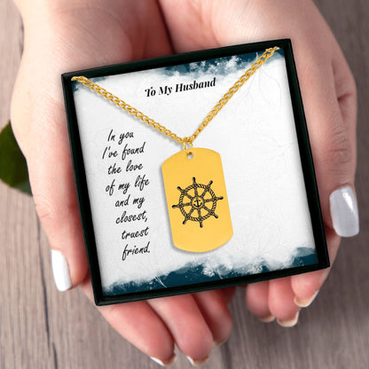Cuban Tag Necklace with Engraved Ship Wheel, To my Husband OwnPrint
