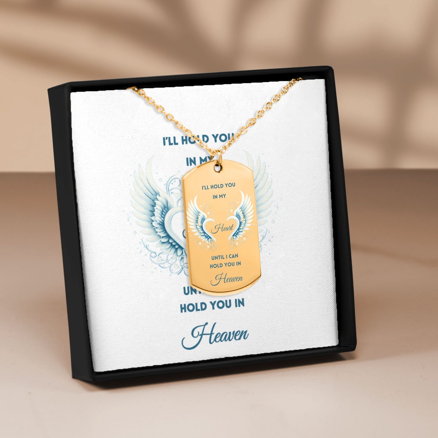 18k gold plated men’s tag necklace with engraved angel wings and memorial message in black gift box.