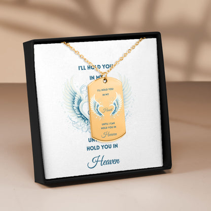 18k gold plated men’s tag necklace with engraved angel wings and memorial message in black gift box.