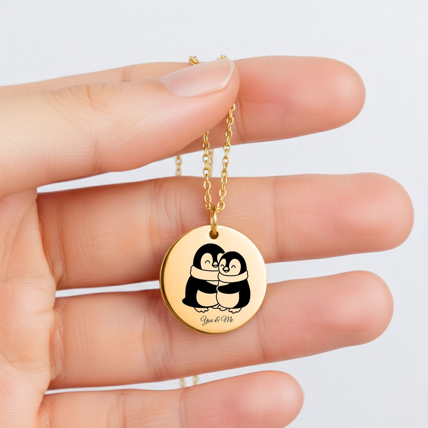 Personalized Penguin Coin Necklace for Couples – Custom Valentine Jewelry