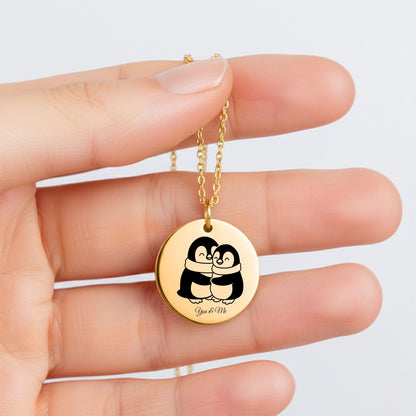 Personalized Penguin Coin Necklace for Couples – Custom Valentine Jewelry