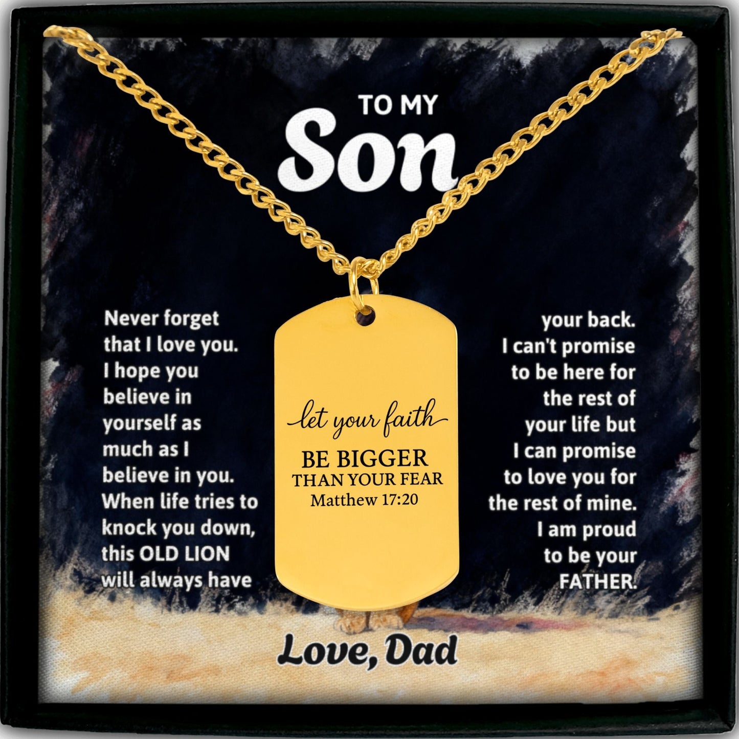 Cuban Tag Necklace To my Son, Love Dad , Lion designed message card OwnPrint