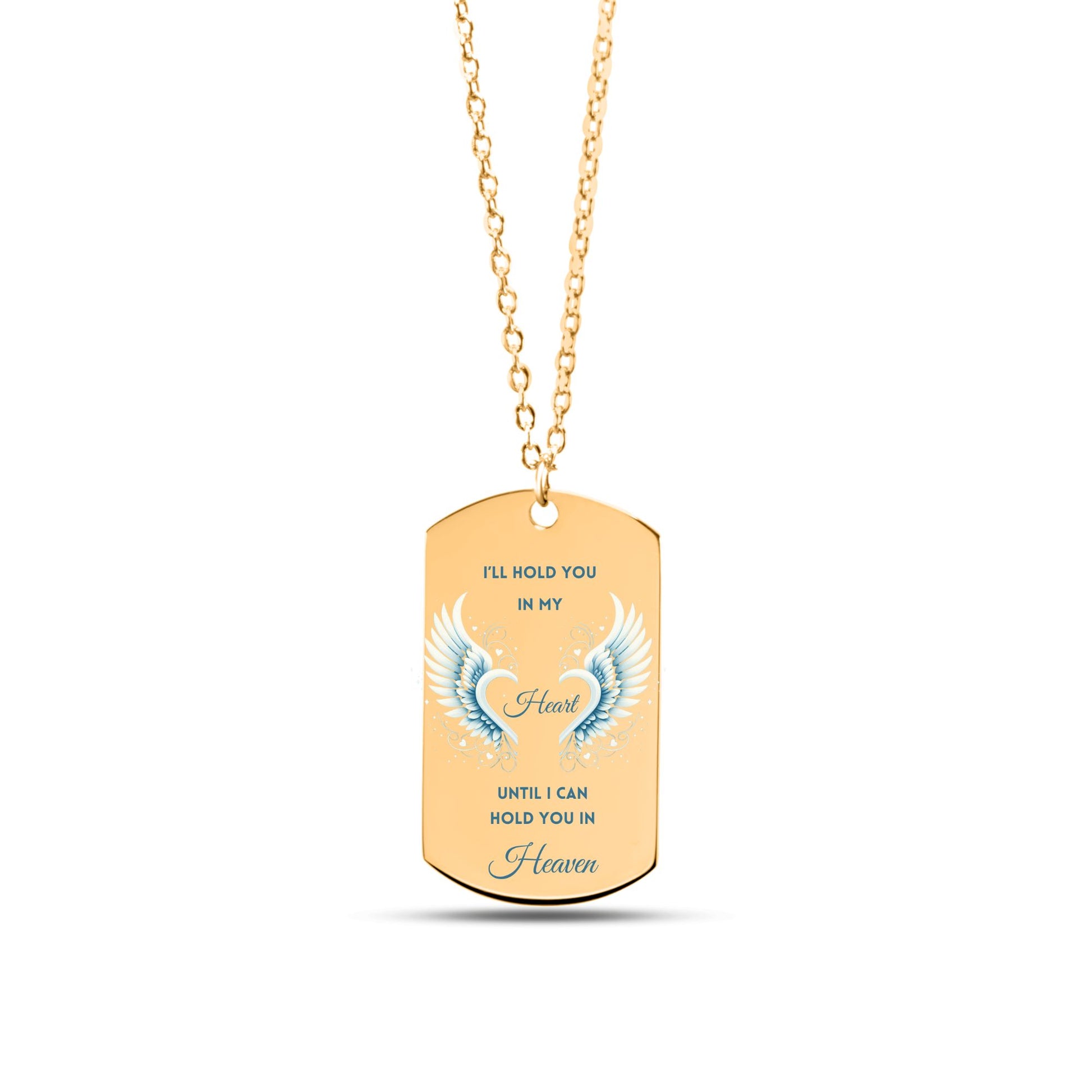 18K rose gold-plated men’s tag necklace with engraved memorial message and blue heart with wings.