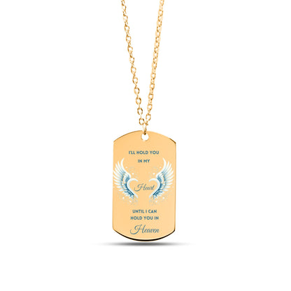 18K rose gold-plated men’s tag necklace with engraved memorial message and blue heart with wings.