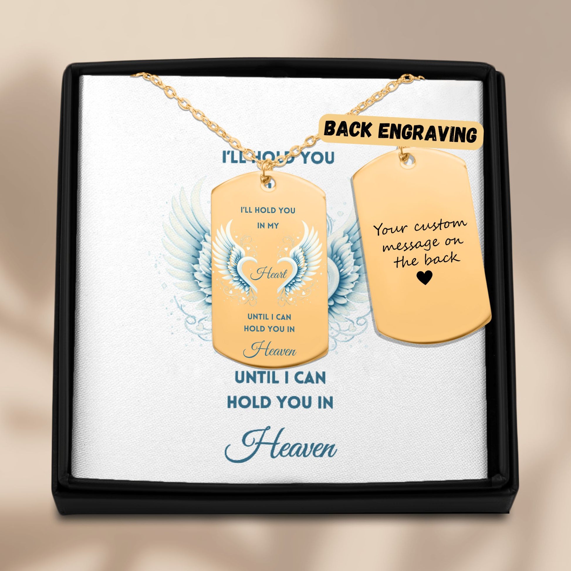 18K Gold plated men's tag necklace with winged heart design and customizable back engraving in black gift box.