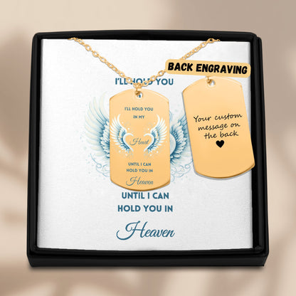 18K Gold plated men's tag necklace with winged heart design and customizable back engraving in black gift box.