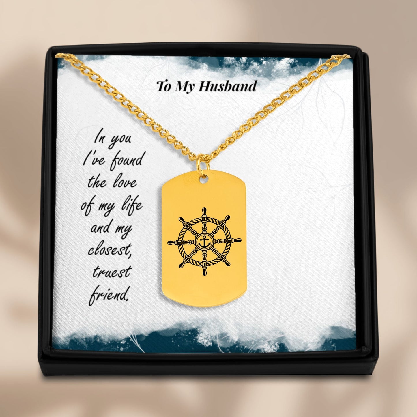 Cuban Tag Necklace with Engraved Ship Wheel, To my Husband OwnPrint