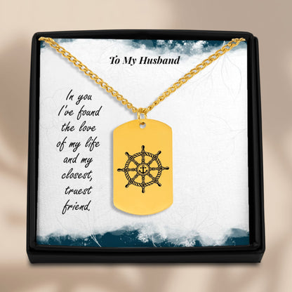 Cuban Tag Necklace with Engraved Ship Wheel, To my Husband OwnPrint