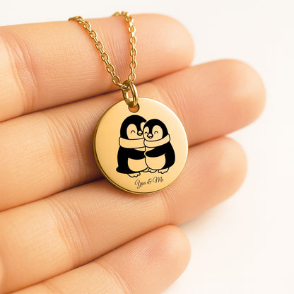 Personalized Penguin Coin Necklace for Couples – Custom Valentine Jewelry