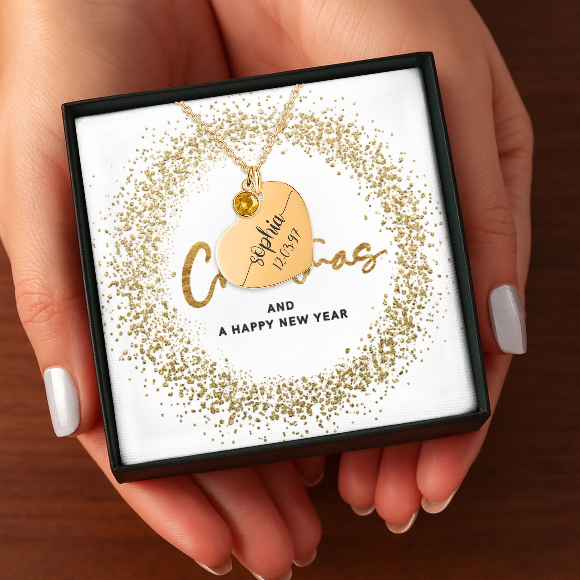 Heart Necklace with Birthstone – Merry Christmas & Happy New Year Message Card Gift by OwnPrint