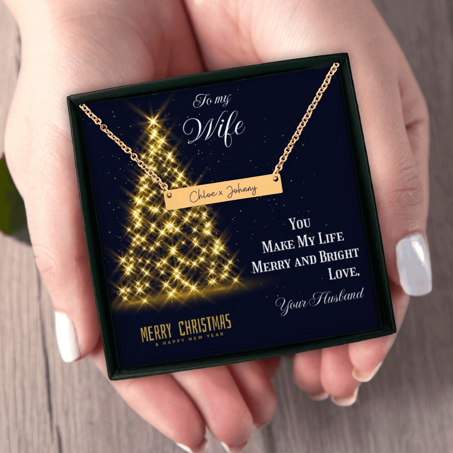 Name Tag Horizontal Bar Necklace To my Wife, You make my Life Merry and Bright by OwnPrint