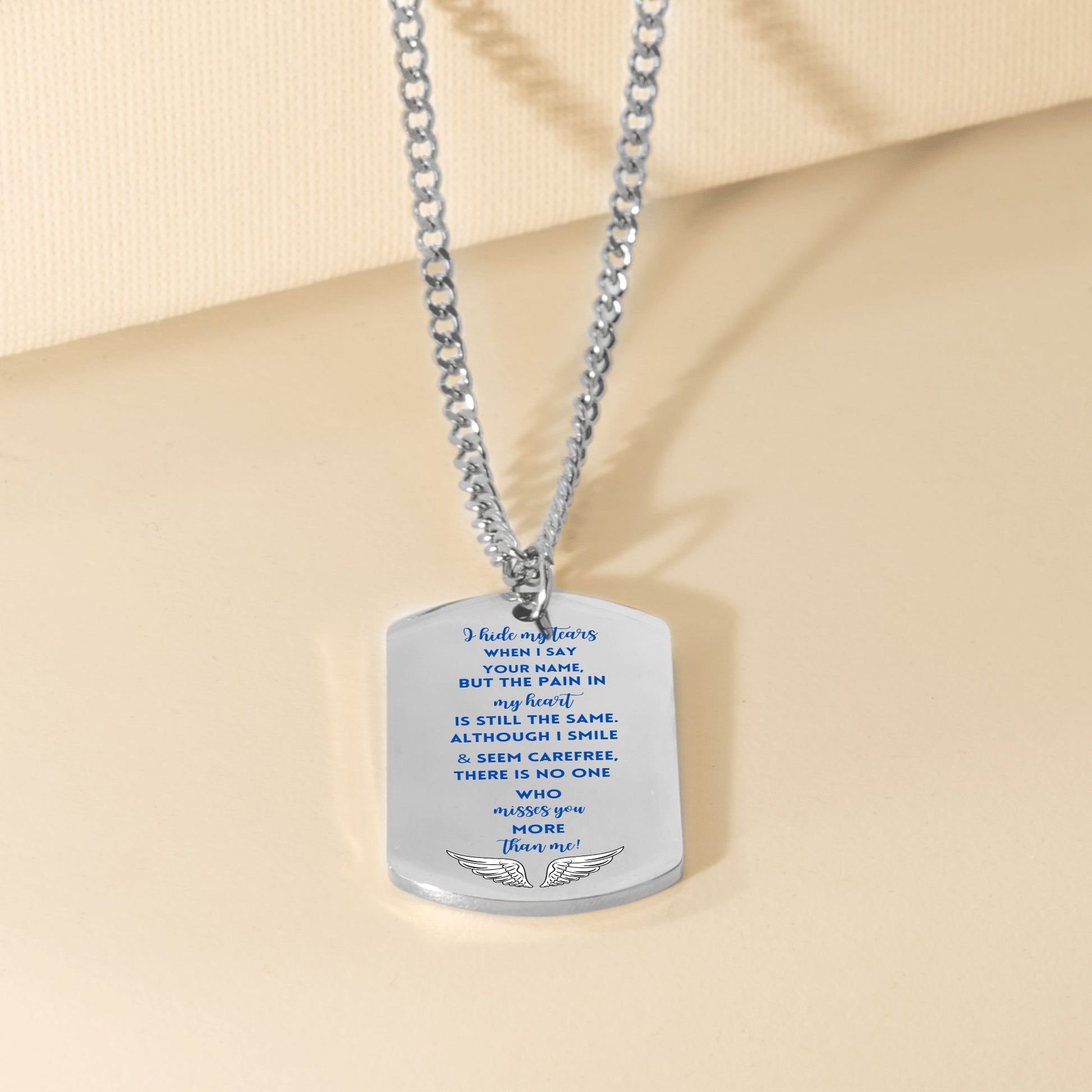 Silver steel dog tag necklace with engraved blue memorial poem and curb chain.