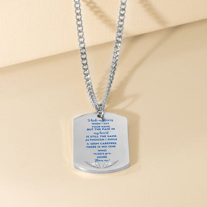 Silver steel dog tag necklace with engraved blue memorial poem and curb chain.