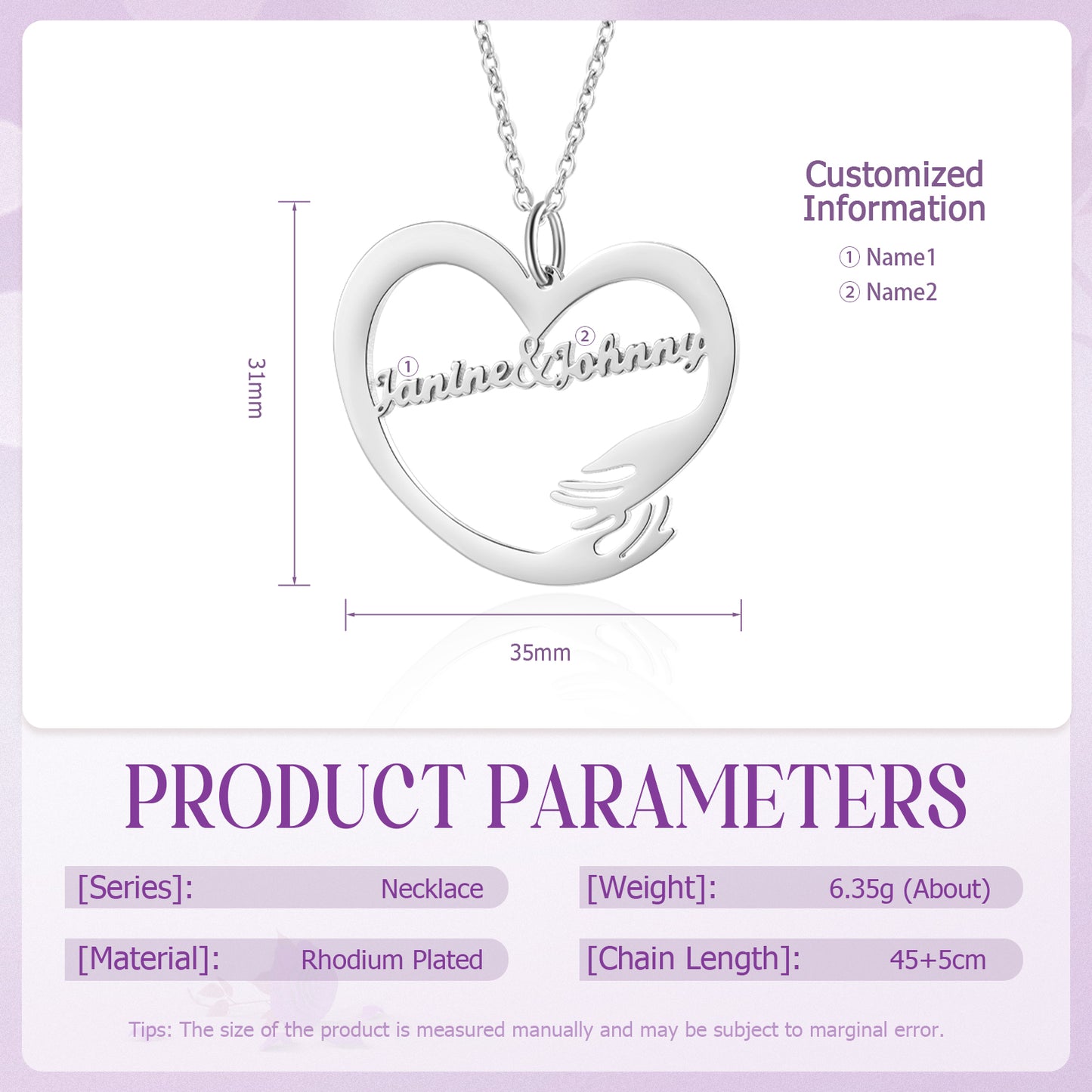 Silver heart-shaped necklace with two names in cursive script intertwined, measuring 35mm wide, 30mm high.