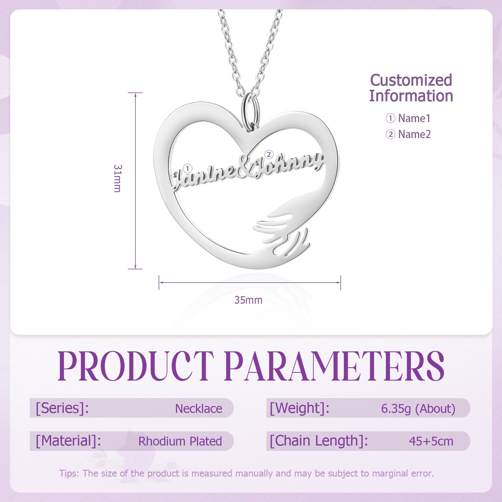 Silver heart-shaped necklace with two names in cursive script intertwined, measuring 35mm wide, 30mm high.