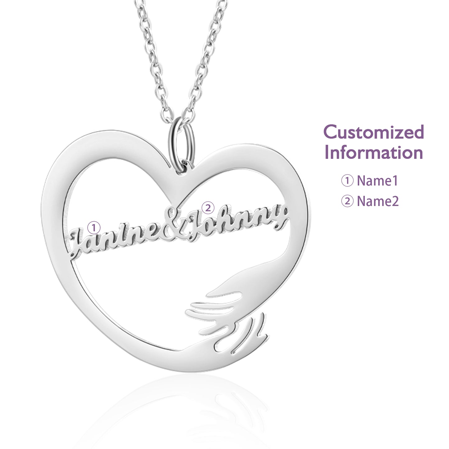 White gold plated heart-shaped necklace with two customized names and hugging arms design.