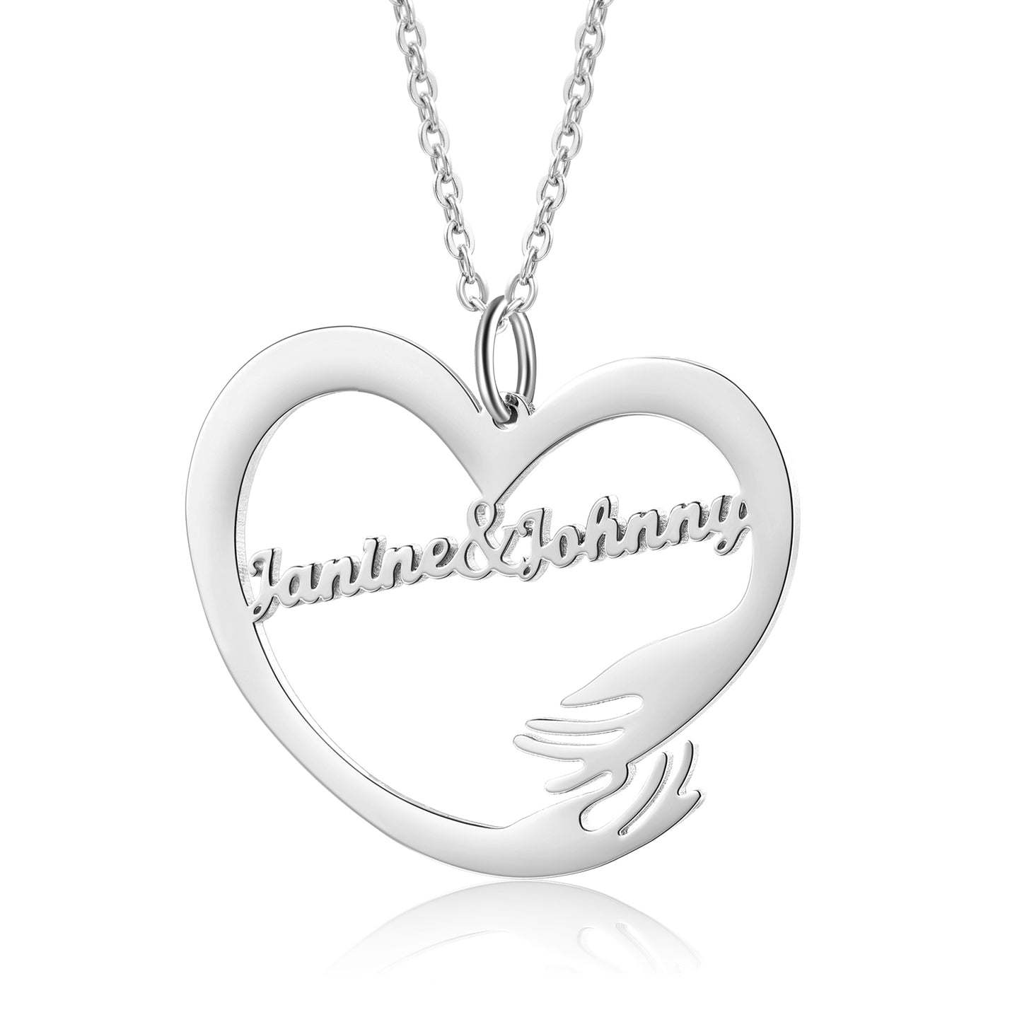 White gold plated heart necklace with custom engraved names and hugging hand detail.
