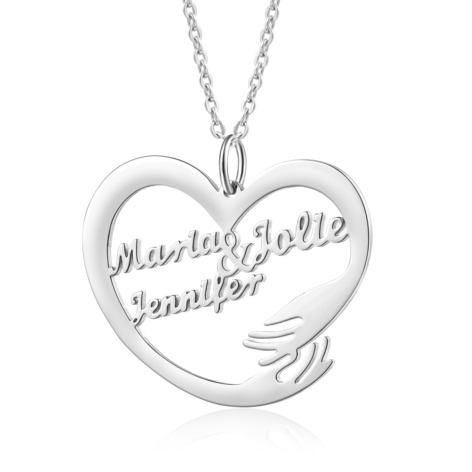 White gold plated heart-shaped necklace pendant with two custom names and a hugging hand design.