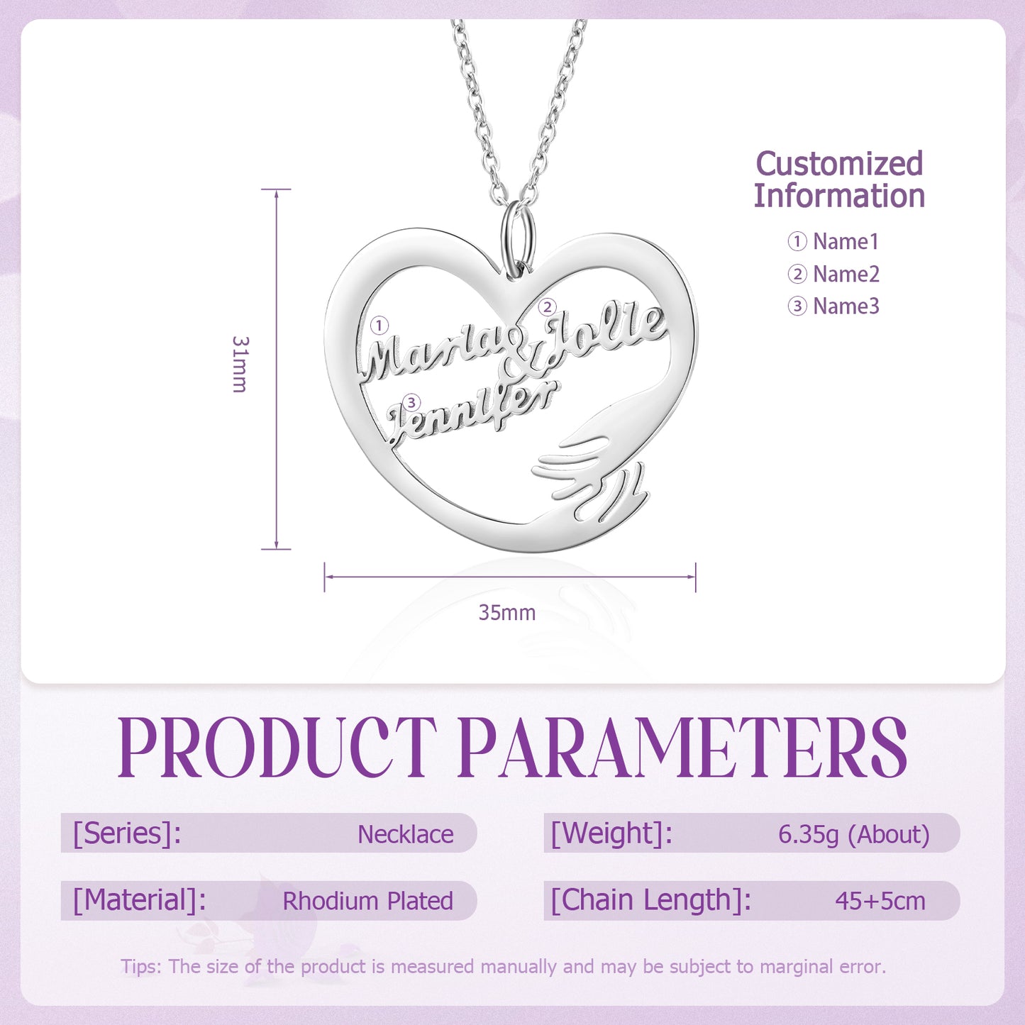 Silver heart-shaped necklace with three custom names inside and a hugging hand design, 35mm wide.