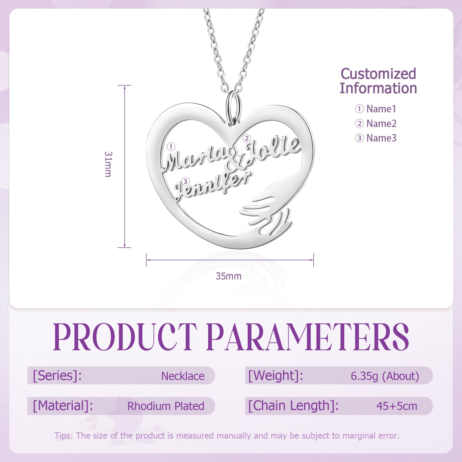 Silver heart-shaped necklace with three custom names inside and a hugging hand design, 35mm wide.