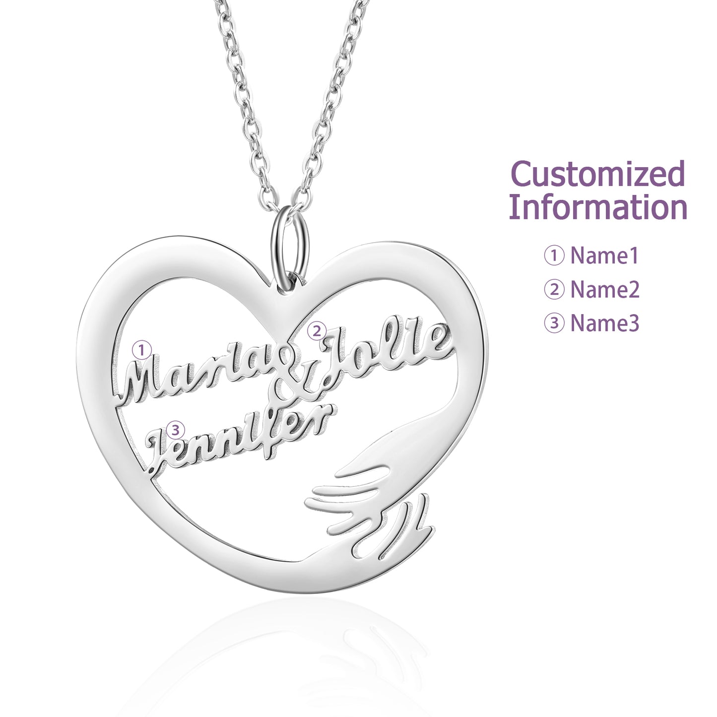 White gold plated heart pendant necklace with custom names and hand design on chain.