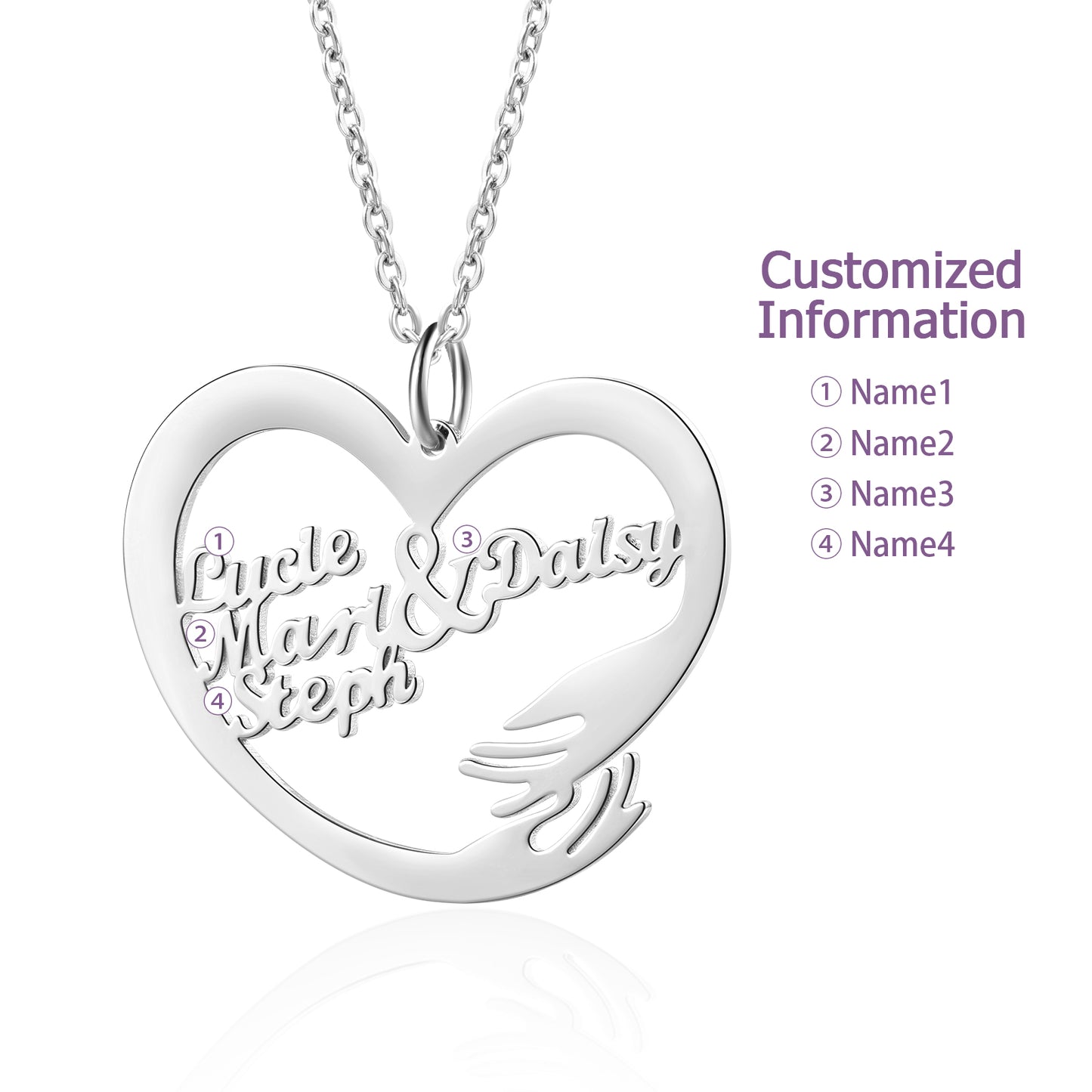 Heart-shaped white gold plated necklace with three custom names inside and an embracing hand design.