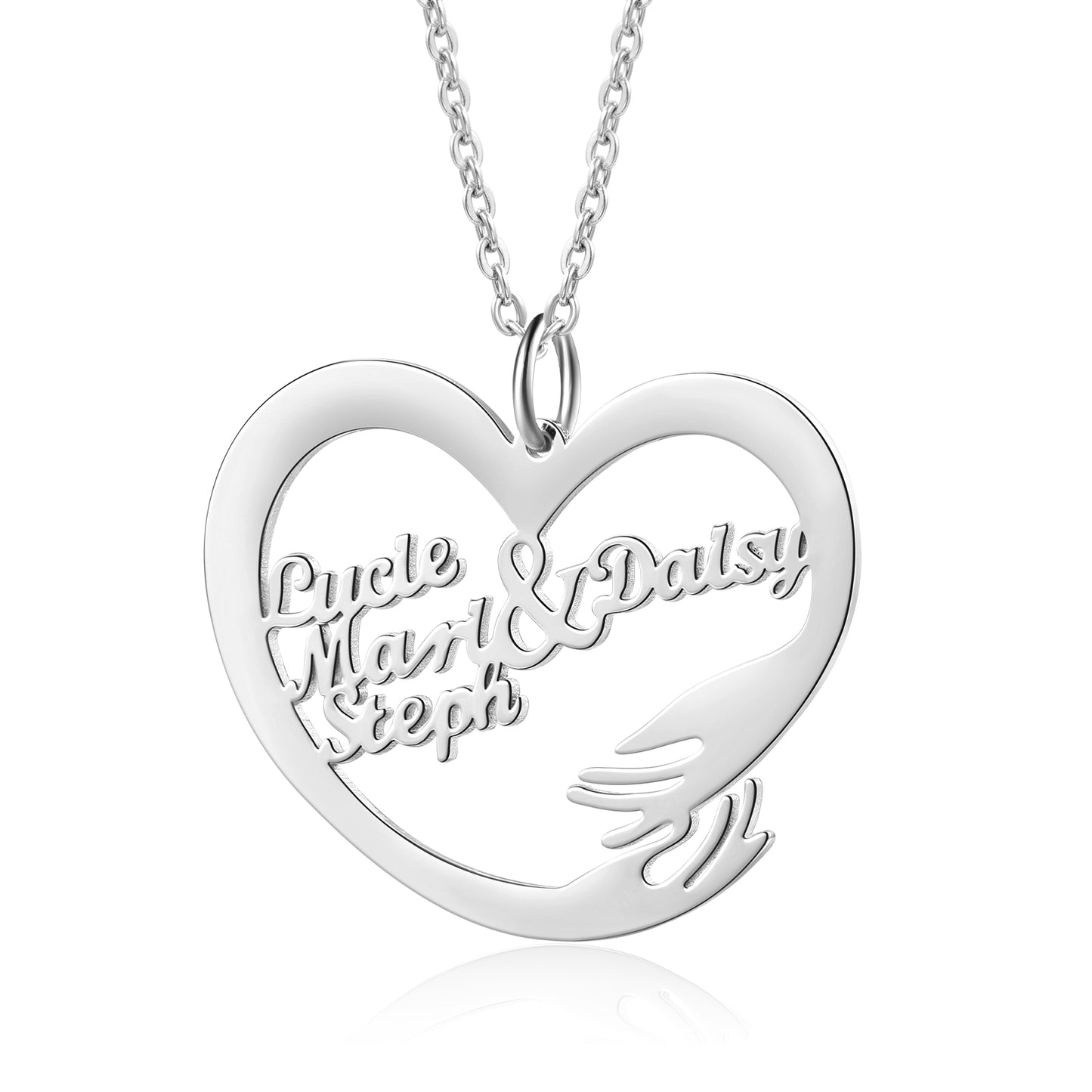 White gold plated heart necklace with custom names and hugging hand detail on chain.