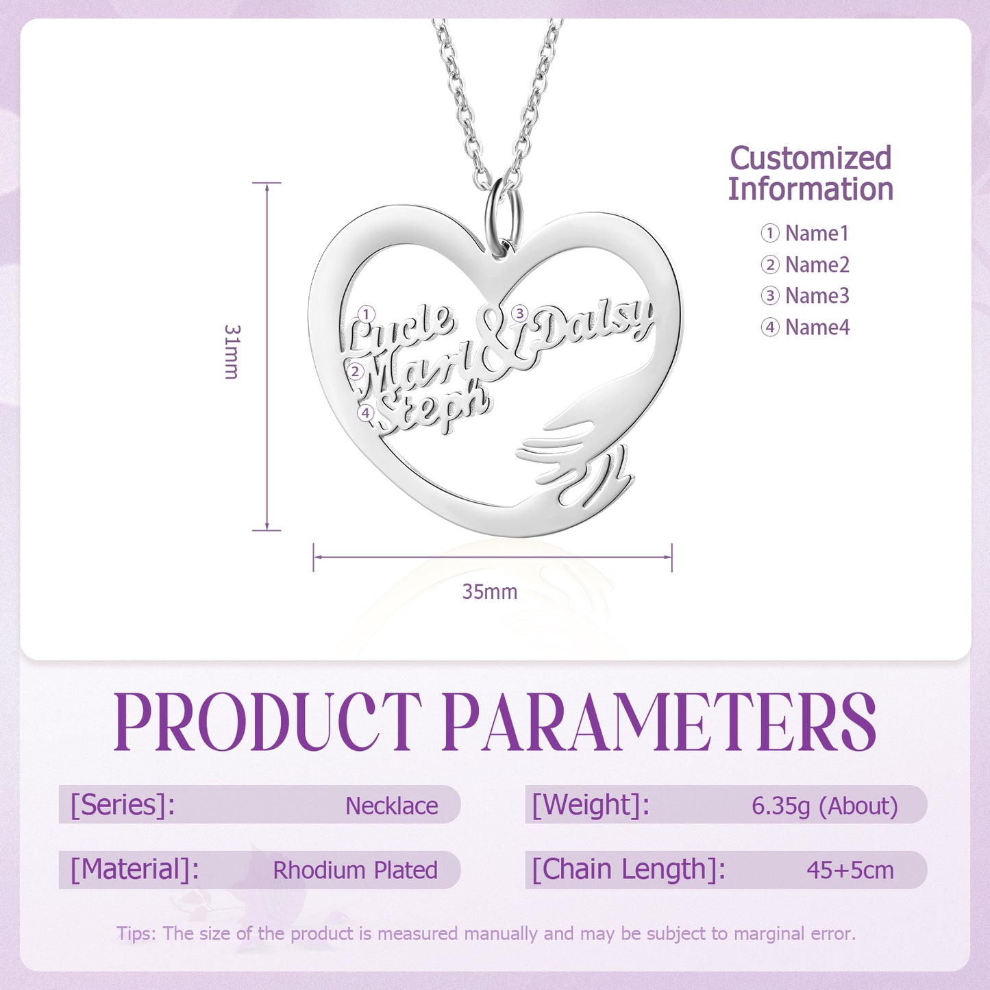 Heart-shaped white gold plated necklace pendant with custom engraved names and delicate chain.